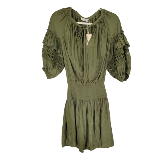 NWT Ramy Brook Olive Green Bell Sleeve Smocked Mara Dress - Picture 3 of 8